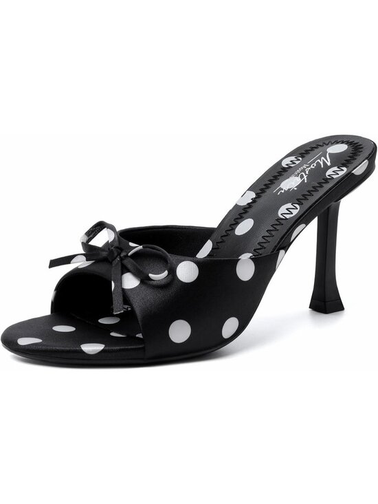 Shoes - Women's Round Toe Heels With Bow Mule Polka Dot Slip on Stiletto Backless Sandal